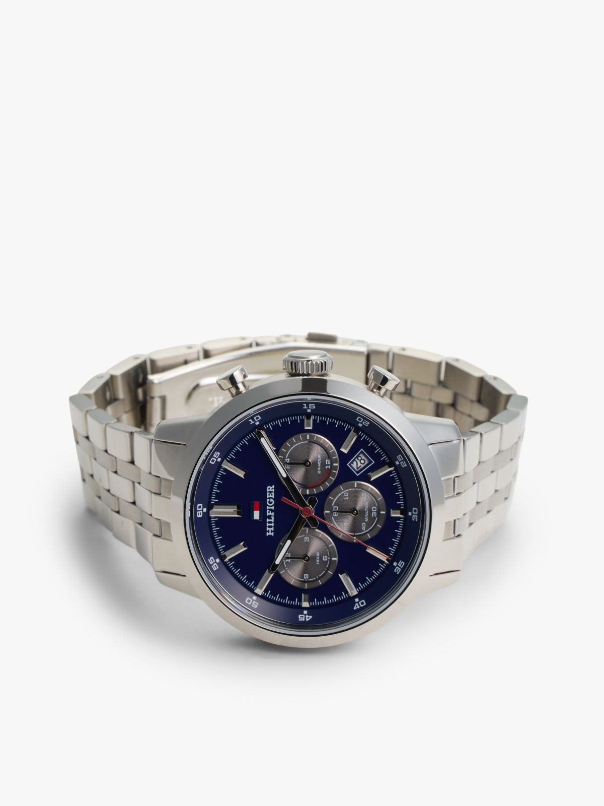 Blue Dial Stainless Steel Chronograph Watch — Silver