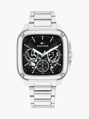 silver edelstahl-armbanduhr mit eckigem zifferblatt für herren - tommy hilfiger