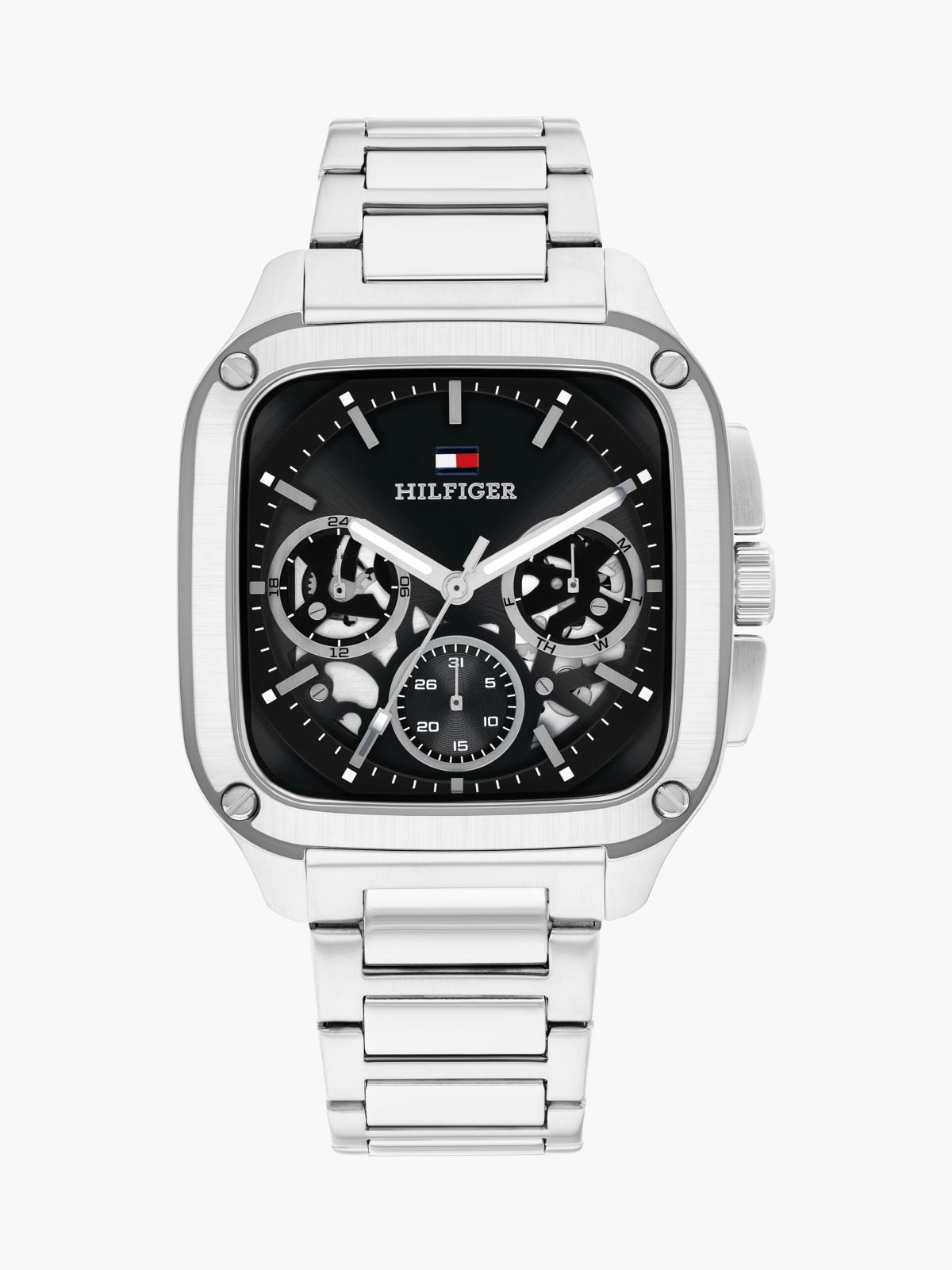 Square Black Dial Stainless Steel Watch — Silver