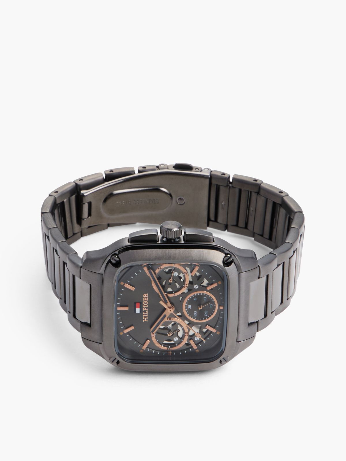 Square Gunmetal Skeleton Dial Watch — Grey