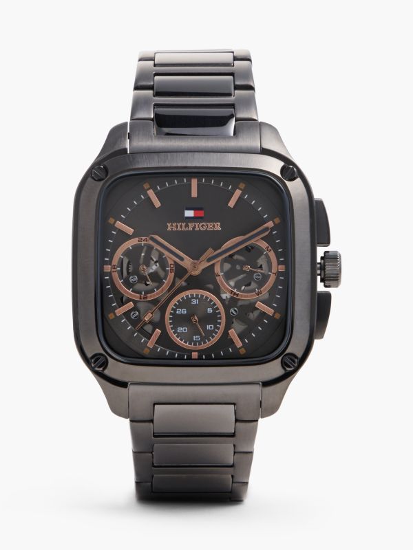 Square Gunmetal Skeleton Dial Watch — Grey