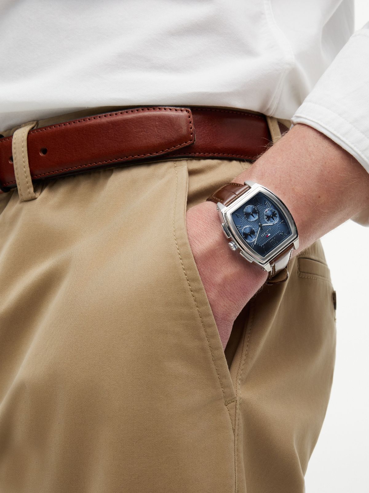 Square Blue Dial Brown Leather Strap Watch — Brown