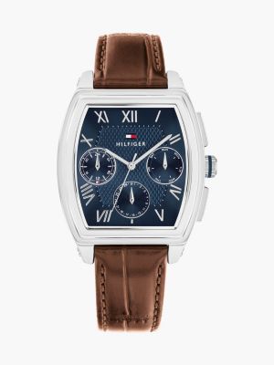 brown square blue dial brown leather strap watch for men tommy hilfiger