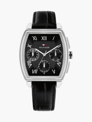 black square dial black leather strap watch for men tommy hilfiger