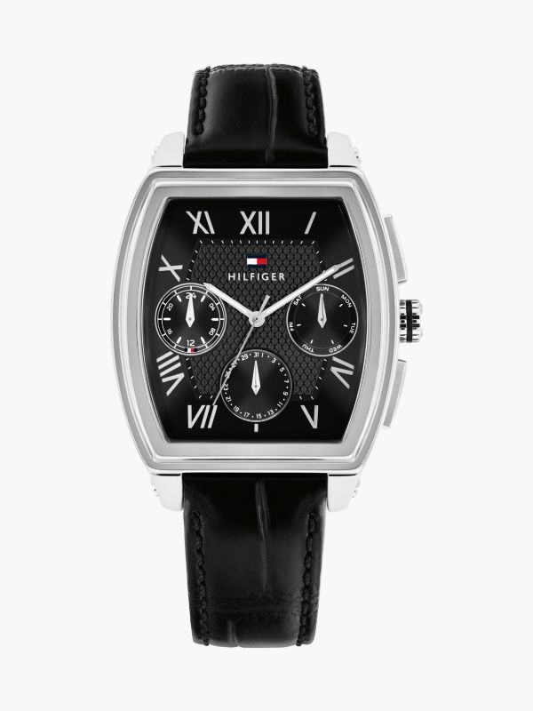 Square Dial Black Leather Strap Watch — Black