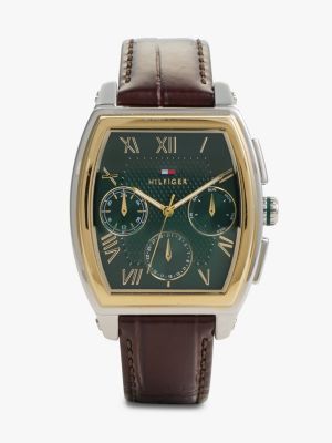 brown square green dial brown leather strap watch for men tommy hilfiger