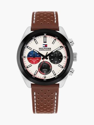 brown brown perforated leather contrast bezel watch for men tommy hilfiger