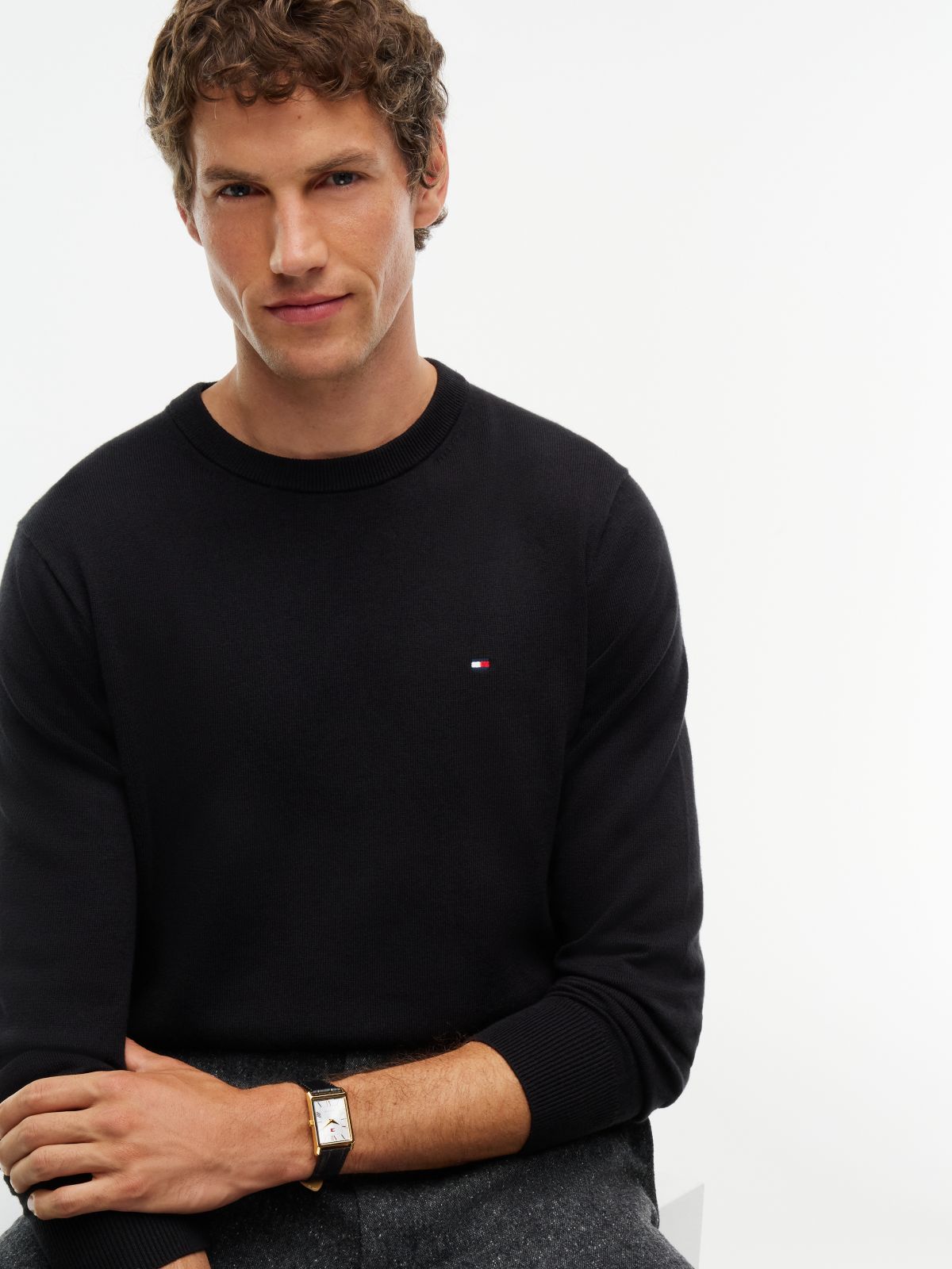 Silver-White Dial Black Leather Strap Watch — Black