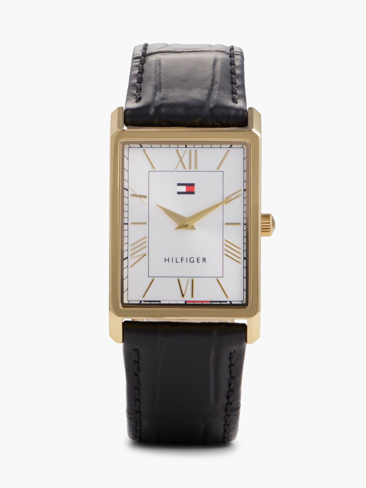 Silver-White Dial Black Leather Strap Watch — Black