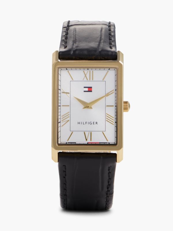 Silver-White Dial Black Leather Strap Watch — Black
