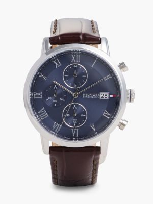 brown blue dial brown leather strap watch for men tommy hilfiger
