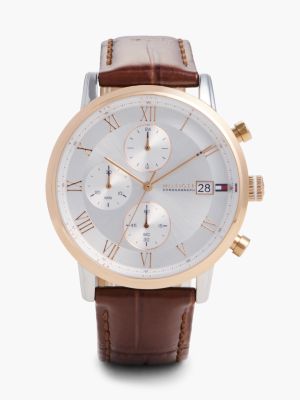 brown rose gold-plated brown leather strap watch for men tommy hilfiger