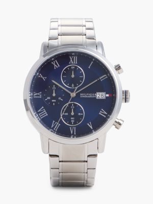silver navy dial stainless steel chain-link watch for men tommy hilfiger