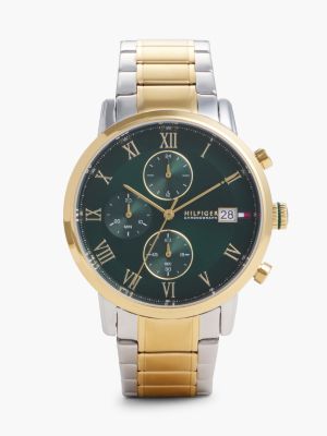 multi green dial two-tone gold-plated chain-link watch for men tommy hilfiger