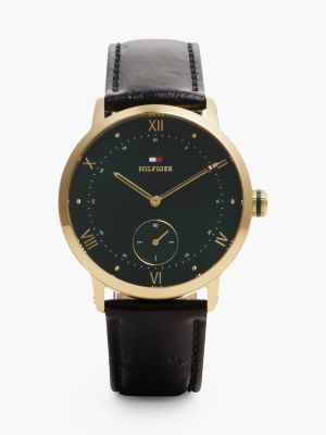 black green dial black leather strap watch for men tommy hilfiger