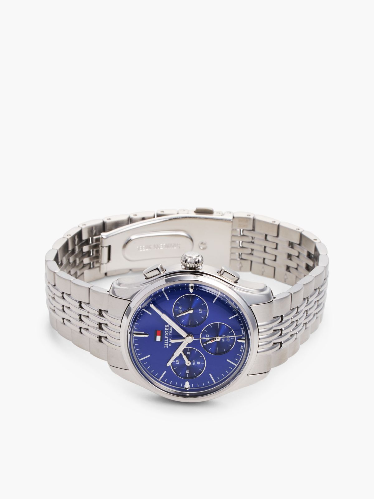 Blue Dial Stainless Steel Chronograph Watch — Silver