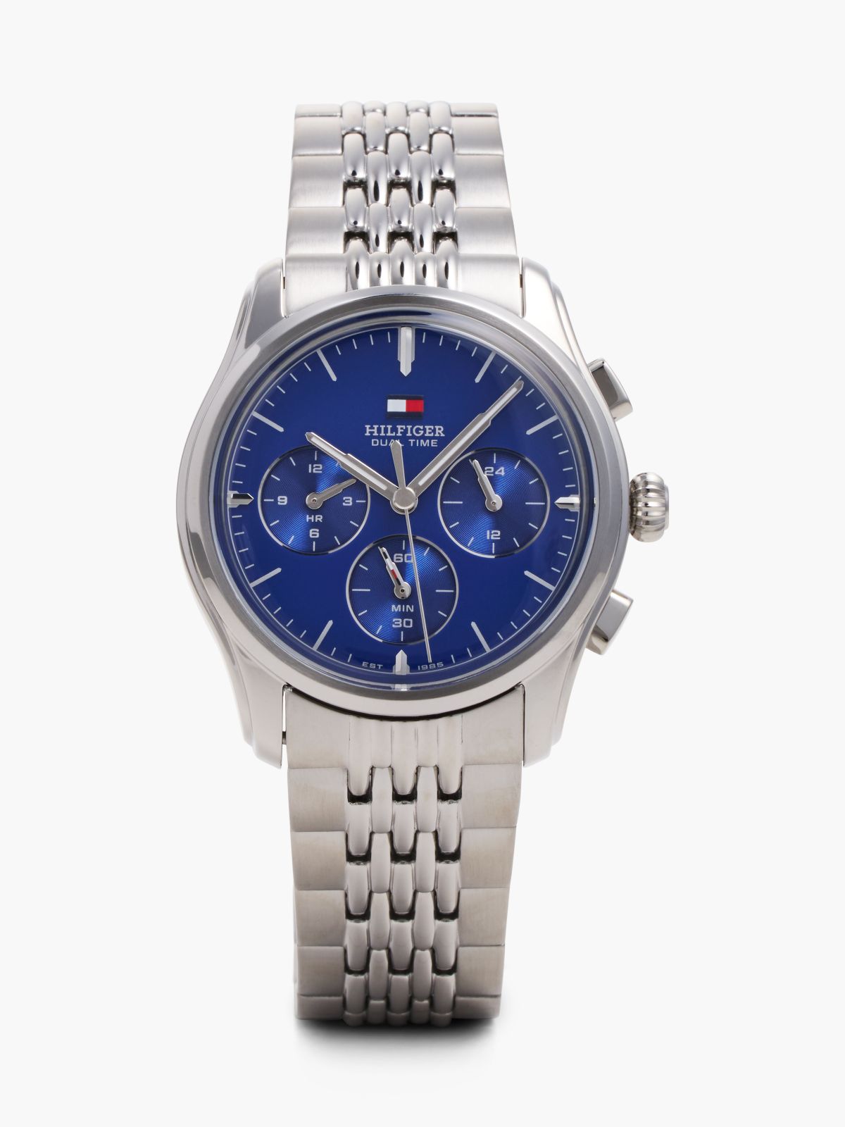 Blue Dial Stainless Steel Chronograph Watch — Silver