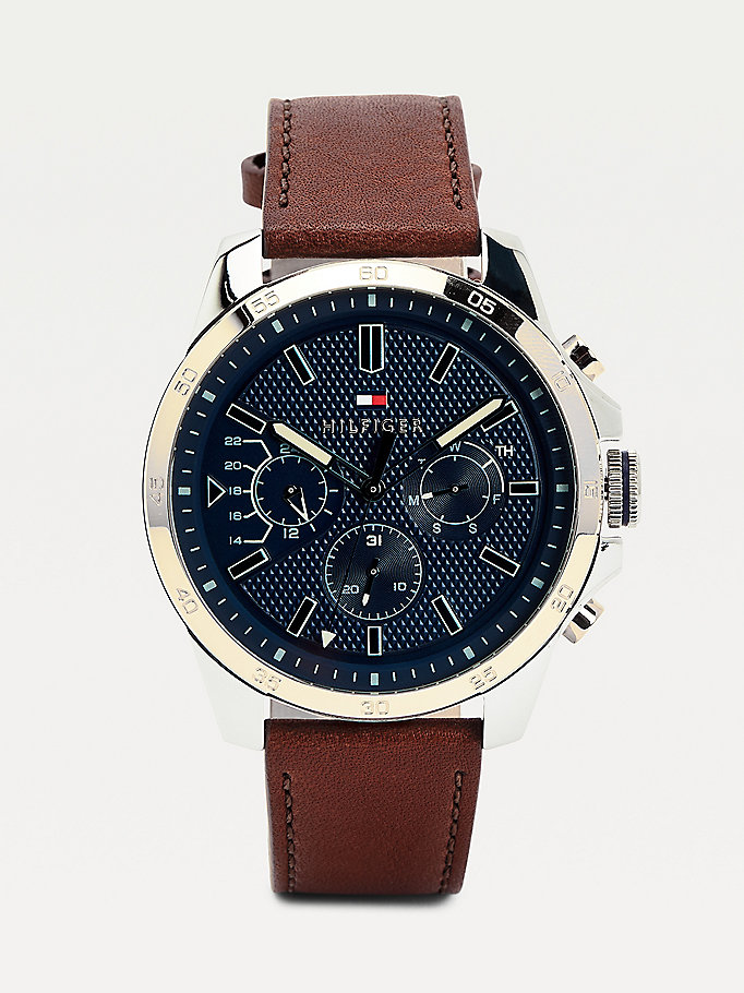 brown brown leather watch for men tommy hilfiger