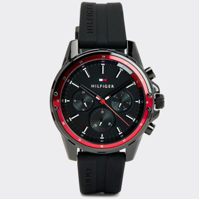 Ionic-Plated Black Silicone Strap Watch 