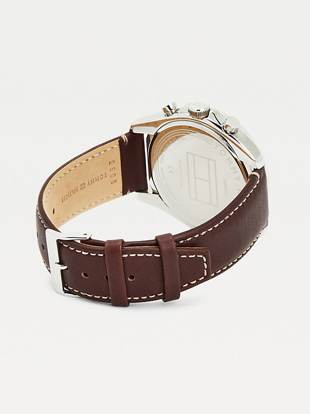 brown brown leather contrast bezel watch for men tommy hilfiger