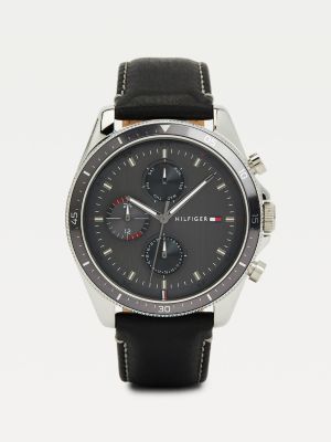 Black Leather Strap Watch Black Tommy Hilfiger