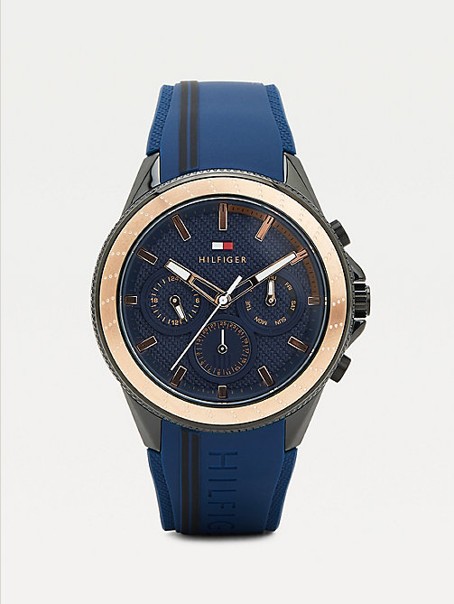 blue rose gold silicone strap sports watch for men tommy hilfiger