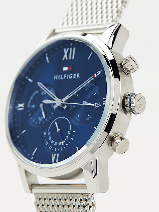 silver multifunction stainless steel mesh strap watch for men tommy hilfiger