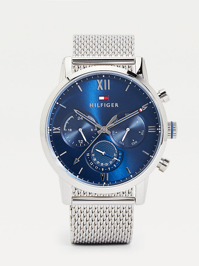 silver multifunction stainless steel mesh strap watch for men tommy hilfiger