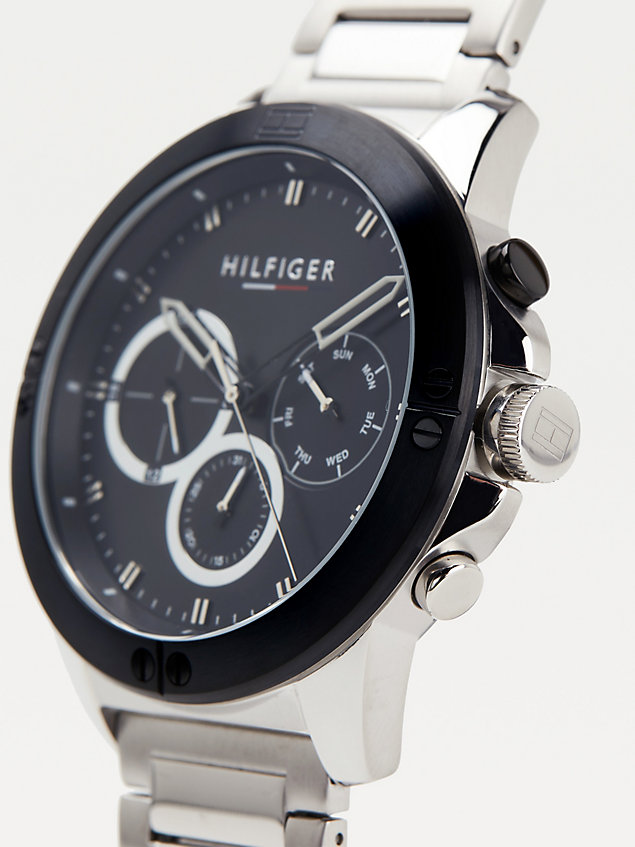 silver black bezel chain-link watch for men tommy hilfiger