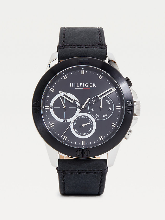 black leather strap stainless steel watch for men tommy hilfiger