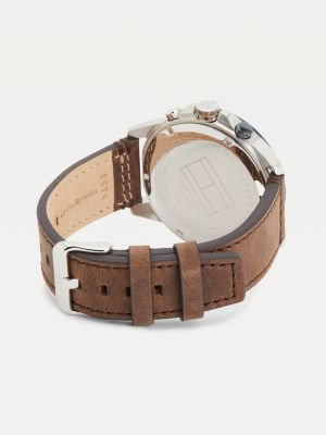 reloj azul de acero con correa de piel brown de hombres tommy hilfiger