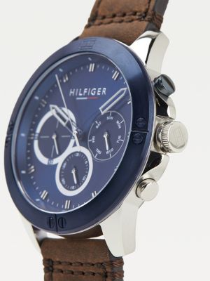 Blaue Edelstahl-Armbanduhr mit Hilfiger Lederarmband | | Braun Tommy