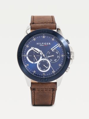reloj azul de acero con correa de piel brown de hombres tommy hilfiger