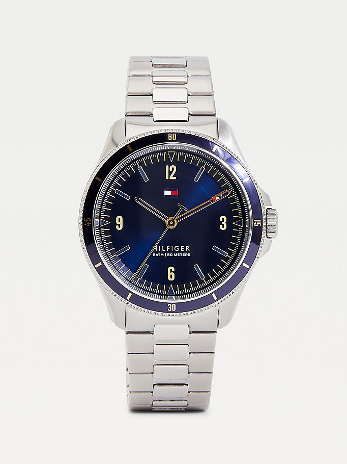 silver stainless steel blue dial watch for men tommy hilfiger