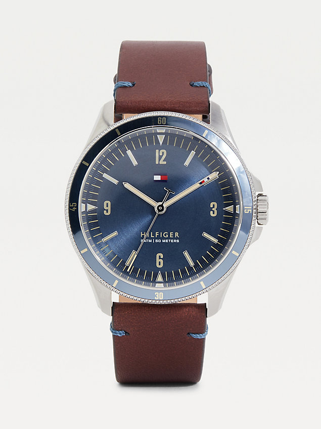 brown roestvrijstalen horloge met blauwe wijzerplaat voor heren - tommy hilfiger