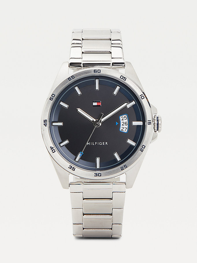 silver stainless steel chain-link date watch for men tommy hilfiger
