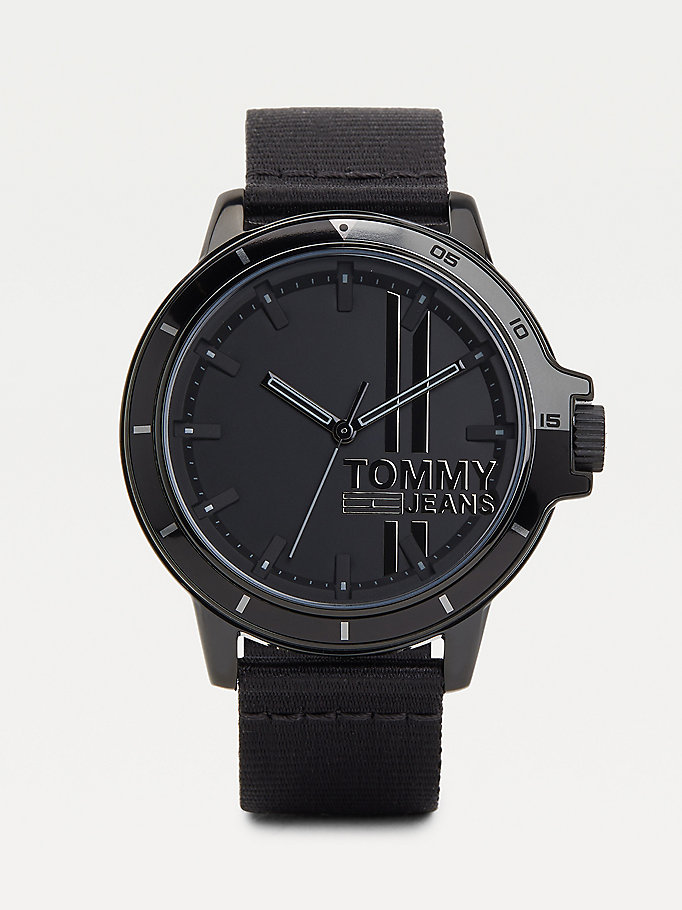 black black ionic-plated nylon strap watch for men tommy jeans