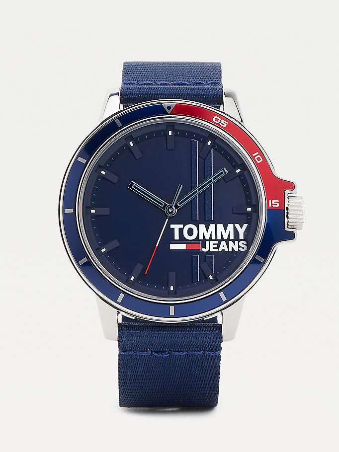 blue blue ionic-plated nylon strap watch for men tommy jeans