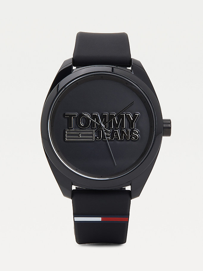 silver black rubber strap watch for men tommy jeans