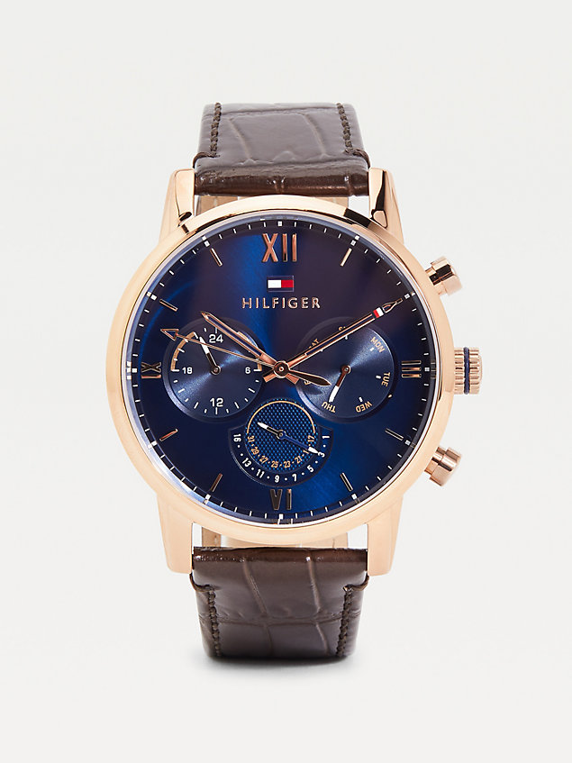 brown rose gold-plated croco strap watch for men tommy hilfiger