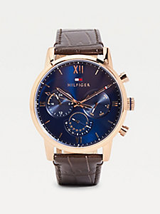 brown rose gold-plated croco strap watch for men tommy hilfiger