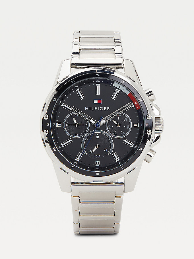 silver multifunction stainless steel chain-link strap watch for men tommy hilfiger