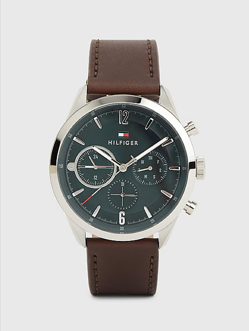 brown stainless steel brown leather strap watch for men tommy hilfiger