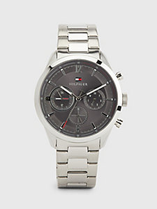 silver stainless steel grey dial chain-link watch for men tommy hilfiger