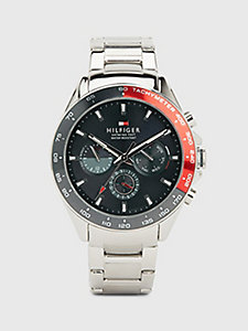 silver colour-blocked bezel stainless steel chain-link watch for men tommy hilfiger
