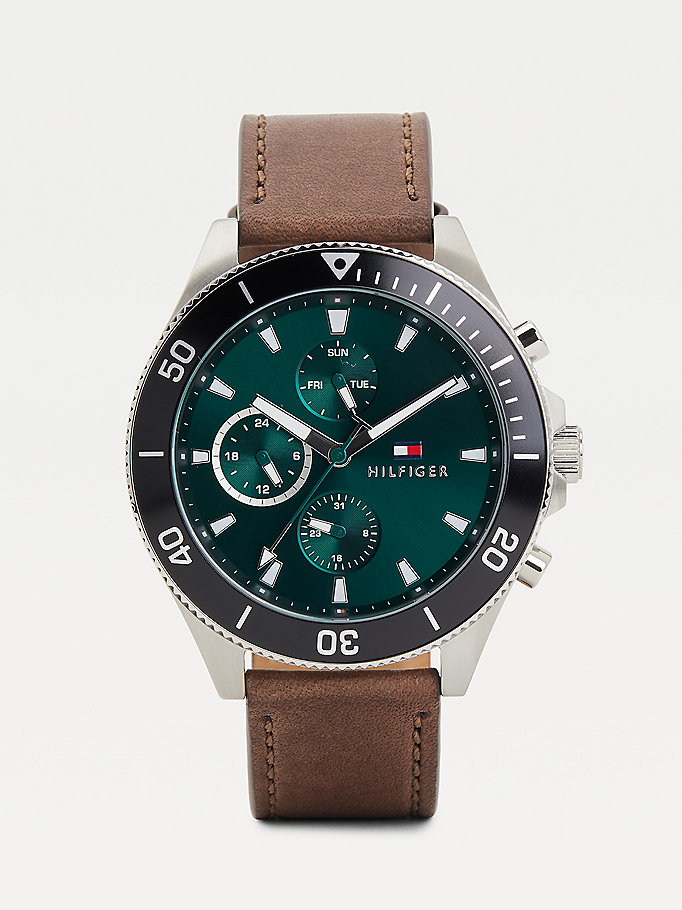 brown green dial multifunction leather strap watch for men tommy hilfiger