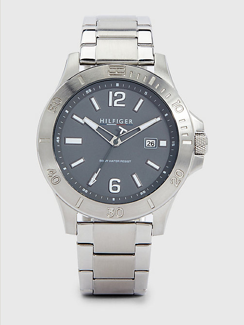 silver stainless steel chain-link strap explorer watch for men tommy hilfiger