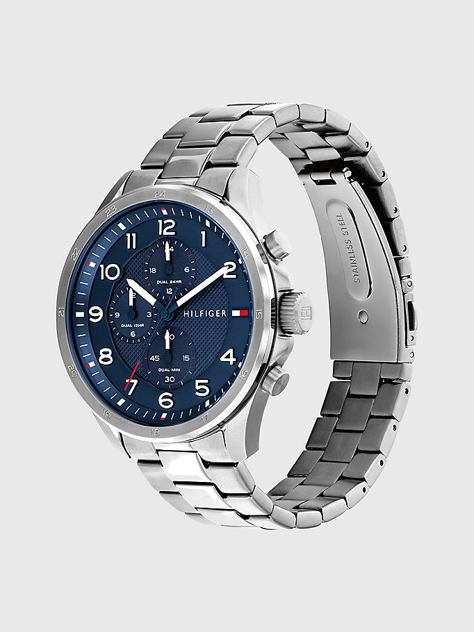 silver stainless steel chain-link strap watch for men tommy hilfiger