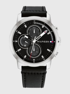 Horloge met zwart leren band en subdials Zilver Tommy Hilfiger