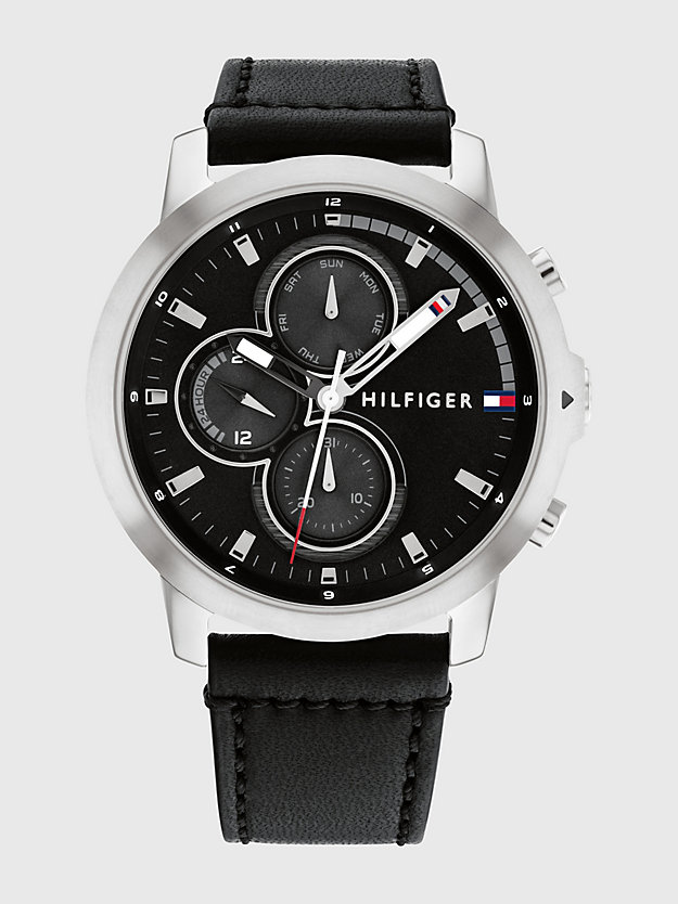 silver black leather strap sub-counter watch for men tommy hilfiger